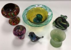 A “The Melting Pot Glassworks” studio glass bowl in green and yellow,