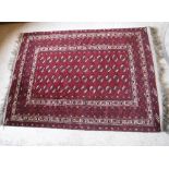 A Bokhara rug with repeating elephant foot medallions on a red ground,