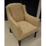 A circa 1900 upholstered shallow swept arm chair on square tapered front legs 60 cm wide x 83.