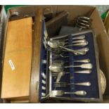 A box of assorted plated and other metal wares to include cutlery, tureens, toast rack,