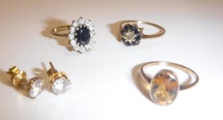 A 9 carat gold sapphire and diamond ring, size Q, a 9 carat gold sapphire and zircon ring, size N,