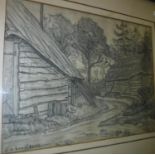 JAN ADAM ZANDLEVEN (1868-1923) "Rural farm buildings", charcoal, signed lower left, approx 46.