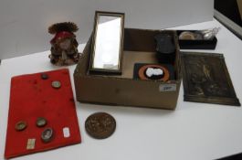 A collection of coins and medallions including papal medallions, three pairs of opera glasses,