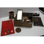 A collection of coins and medallions including papal medallions, three pairs of opera glasses,