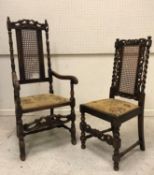 A set of seven early 20th Century carved oak framed dining chairs in the Carolean taste with caned