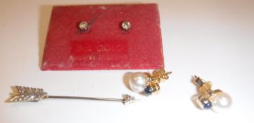 A pair of pearl, diamond and cabochon cut sapphire mounted ear studs in 18 carat yellow gold mounts,