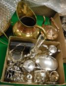 A box of assorted plated wares to include oil lamp, oval biscuit box, toast rack,