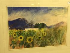 THEA DONIACH "Sunflowers with white washed building and hills in background" watercolour heightened