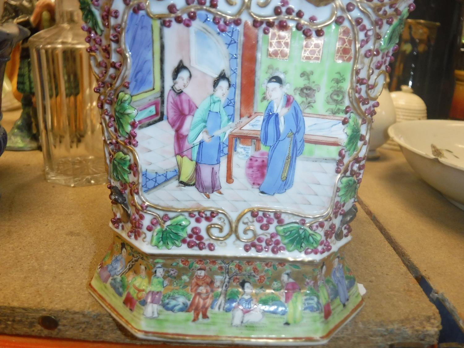 A 19th Century Chinese famille rose and relief work decorated vase of canted square tapered form, - Image 10 of 15