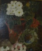 CIRCA 1900 ENGLISH SCHOOL "Still life study of flowers and eggs in a nest", oil on canvas, unsigned,