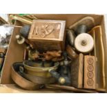 A box of assorted metal and treen wares to include a pewter inkwell in the Liberty style,