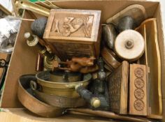 A box of assorted metal and treen wares to include a pewter inkwell in the Liberty style,