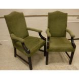 A pair of modern upholstered Gainsborough style armchairs with swept arms on moulded supports