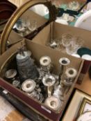 A circa 1900 Art Nouveau design brass framed and cut-glass desk stand with two inkwells (one lid