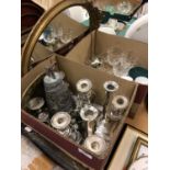 A circa 1900 Art Nouveau design brass framed and cut-glass desk stand with two inkwells (one lid