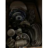 Two boxes of assorted china and glassware to include Adams "Old Colonial" pattern dinner wares,