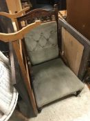 A Victorian button back salon chair, Lloyd Loom tub chair and linen basket,