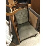 A Victorian button back salon chair, Lloyd Loom tub chair and linen basket,