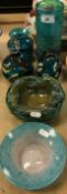 A collection of Mdina glass to include tubular vase, 20 cm high, two paperweights and wavy bowl,