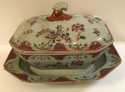 An 18th Century Chinese Qianlong famille-rose tureen and cover with rabbit mask handles, 35 cm x 22.