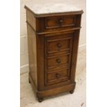 A late 19th Century French walnut marble top pot cupboard with single drawer over a single cupboard