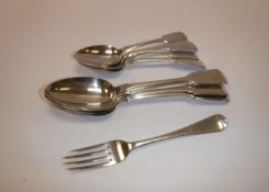 Four Victorian silver fiddle pattern tablespoons, various dates and makers, four dessert spoons,