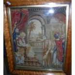 A framed and glazed needlework study of King Solomon and his court, approx 56 cm x 46.