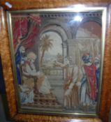 A framed and glazed needlework study of King Solomon and his court, approx 56 cm x 46.