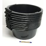 Ten black plastic horse feed buckets wit