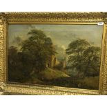 19TH CENTURY ENGLISH SCHOOL "Stone country house with trees and figure in red waistcoat in