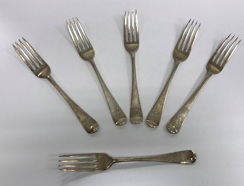 A set of six George III silver table forks bearing initials "JGC" (by William Eley & William Fearn,