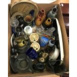 A box containing various 20th Century glassware and studio pottery,