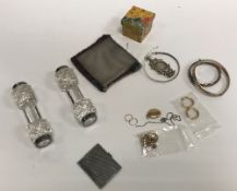 A box containing a collection of various small silver wares and costume jewellery including two