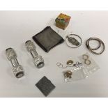 A box containing a collection of various small silver wares and costume jewellery including two