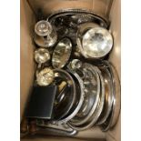 A box of various plated wares to include urn shaped water jug, half pint mug, vegetable tureens,