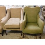 Two modern armchairs, one in beige upholstery,