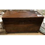 A Regency mahogany and satinwood strung sarcophagus shaped tea caddy,