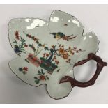 A late 18th Century Chelsea type Japan pattern leaf dish decorated with exotic bird and tree, 17.