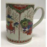 A Worcester Kakiemon pattern mug with panel decoration of dragons and vases of flowers in interiors,