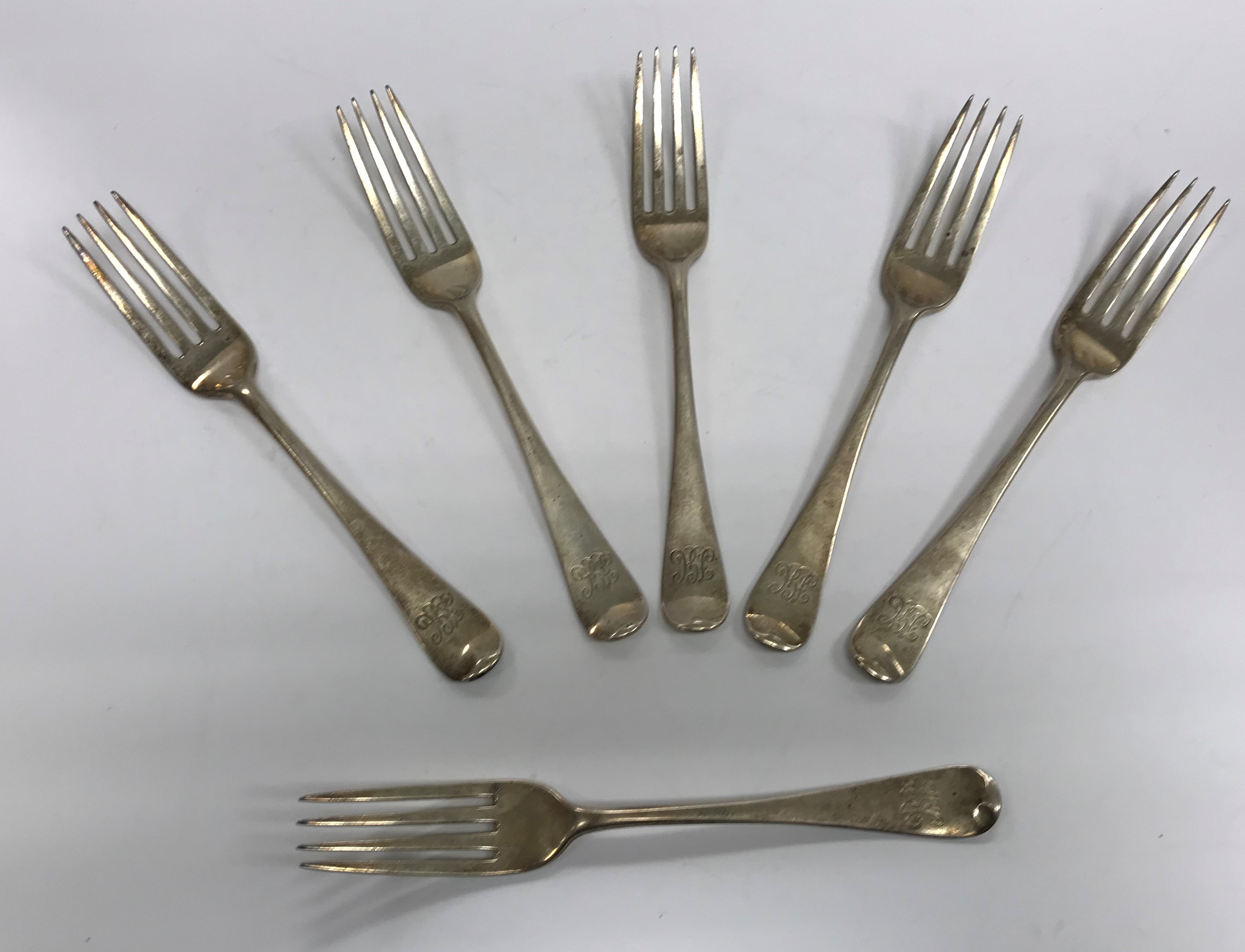 A set of six George III silver table forks bearing initials "JGC" (by William Eley & William Fearn, - Image 2 of 2