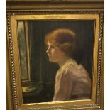 I BIGWOOD "Young redhead girl in white shirt, a black bow in her hair seated by a window",