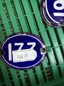 A collection of 30 blue and white enamel oval "Number" tags or labels (possibly wine bin numbers)