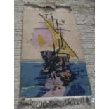 An Art Deco Chinese rug with ship design in yellow and blue colour way approx.