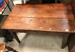 A Continental fruitwood plank top table with single frieze drawer, 120 cm wide x 70.