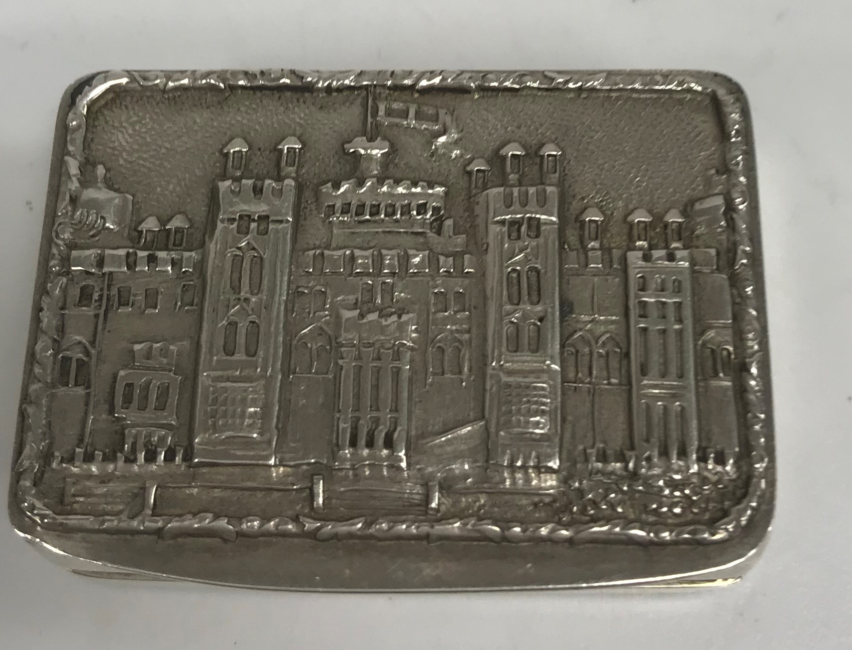 A 20th Century silver "castle top" pill box of rectangular form with gilt-washed interior (by S J - Image 4 of 4