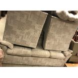 A modern G Plan fawn upholstered and self-patterned three piece suite comprising two seat sofa and