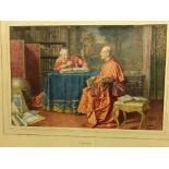 G R MORETTI "Cardinals seated in library", watercolour, signed lower left, image approx 34 cm x 51.