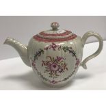 An 18th Century Pearlware squash shaped teapot with floral spray decoration and foliate moulded