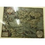 AFTER GIULIO LASOLINO "Ischia Quiae Olim Aenaria", a black and white engraved map, later coloured,
