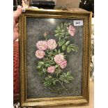 A porcelain plaque painted with spray of roses, initialled "F.A.C." to bottom left hand corner.